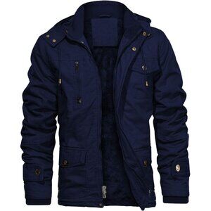 Mens Navy Thick Winter Jacket Hooded Fleece Lined Cotton Military Coat
